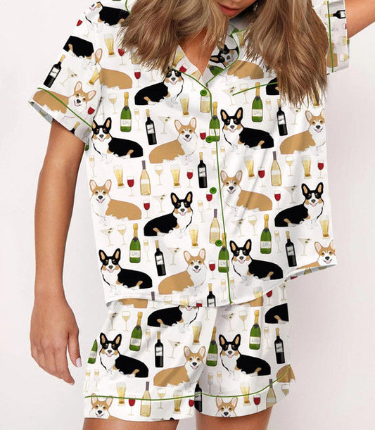 Luxury Satin Pajama Set - Cute Corgi And Wine Dog Mom Sleepwear Loungewear Gift