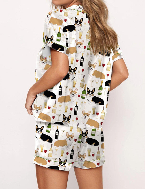 Luxury Satin Pajama Set - Cute Corgi And Wine Dog Mom Sleepwear Loungewear Gift