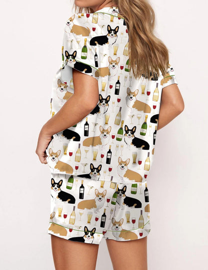Luxury Satin Pajama Set - Cute Corgi And Wine Dog Mom Sleepwear Loungewear Gift
