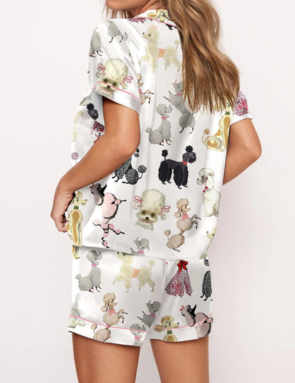 Luxury Satin Pajama Set - Cute Poodle Dog Mom Silky PJs Sleepwear Loungewear Gift