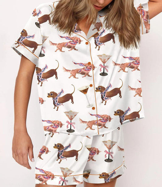 Luxury Satin Pajama Set - Funny Martini Dachshund Dog Mom Sleepwear Loungewear Gift