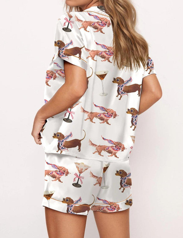 Luxury Satin Pajama Set - Funny Martini Dachshund Dog Mom Sleepwear Loungewear Gift