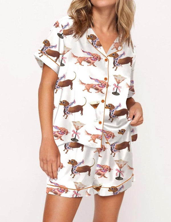 Luxury Satin Pajama Set - Funny Martini Dachshund Dog Mom Sleepwear Loungewear Gift
