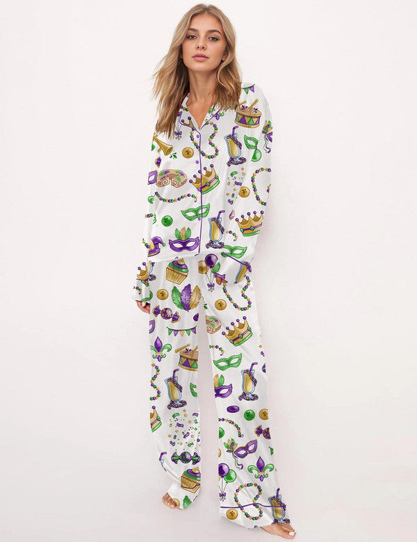 Luxury Satin Pajama Set - Mardi Gras New Orleans Festive Purple Green Gold Sleepwear Loungewear