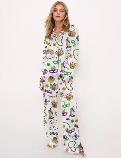 Luxury Satin Pajama Set - Mardi Gras New Orleans Festive Purple Green Gold Sleepwear Loungewear