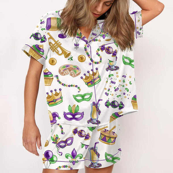 Luxury Satin Pajama Set - Mardi Gras New Orleans Festive Purple Green Gold Sleepwear Loungewear