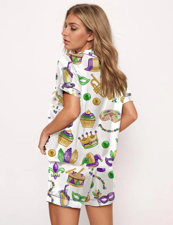 Luxury Satin Pajama Set - Mardi Gras New Orleans Festive Purple Green Gold Sleepwear Loungewear