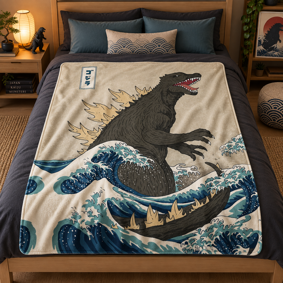 Custom Name Japanese Kaiju Wave Monster Blanket