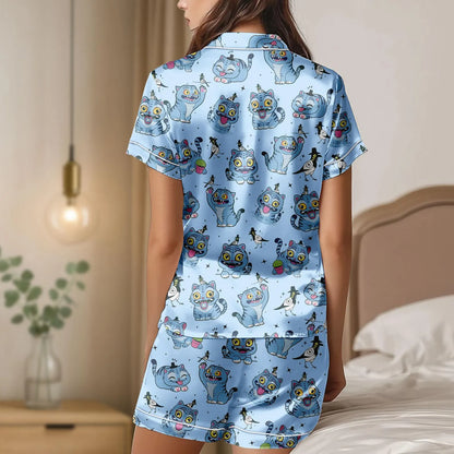 KPop Inspired Tiger Satin Pajama Set – Cute Tiger and Bird Print Women’s Short PJs, Fantasy Adventure Sleepwear