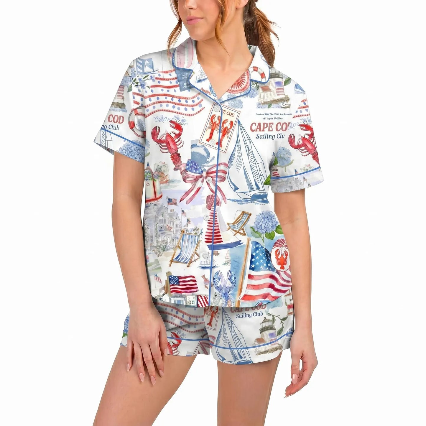 Luxury Satin Pajama Set - Cape Cod Coastal Lobster & Sailboat Americana Beach Sleepwear