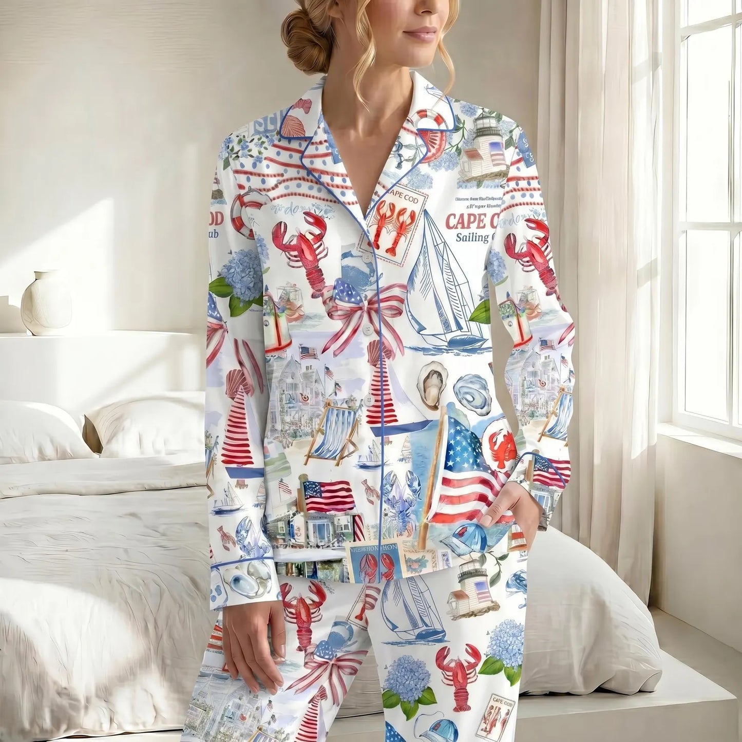 Luxury Satin Pajama Set - Cape Cod Coastal Lobster & Sailboat Americana Beach Sleepwear