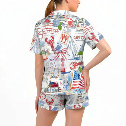 Luxury Satin Pajama Set - Cape Cod Coastal Lobster & Sailboat Americana Beach Sleepwear