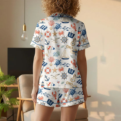 Luxury Satin Pajama Set - Coastal Grandmillennial Sailboat Anchor Nautical Sleepwear