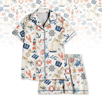 Luxury Satin Pajama Set - Coastal Grandmillennial Sailboat Anchor Nautical Sleepwear