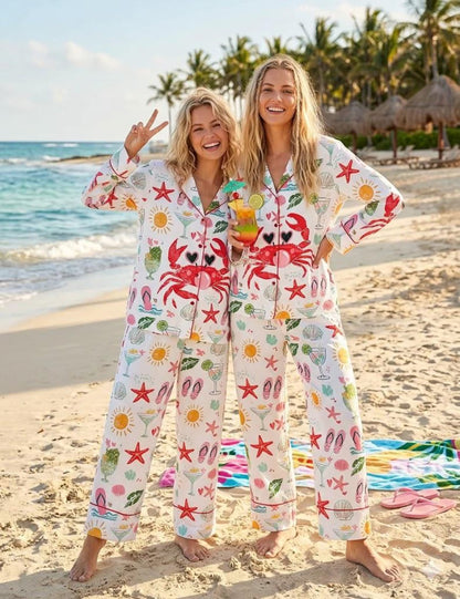 Luxury Satin Pajama Set - Crab Print Ocean Inspired Summer Beach Sleepwear Loungewear