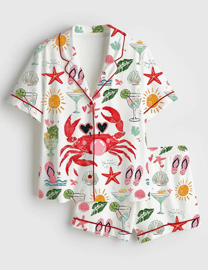 Luxury Satin Pajama Set - Crab Print Ocean Inspired Summer Beach Sleepwear Loungewear