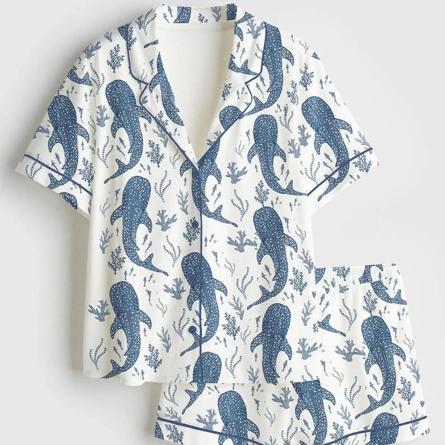 Luxury Satin Pajama Set - Whale Shark Beachy Shorts & Long Sleeve Sleepwear