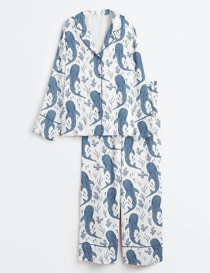 Luxury Satin Pajama Set - Whale Shark Beachy Shorts & Long Sleeve Sleepwear