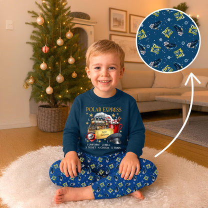 Vintage North Pole Train Pajama Set Personalized Premium Fabric Sleepwear for Family Cozy Holiday Blue Christmas Gift