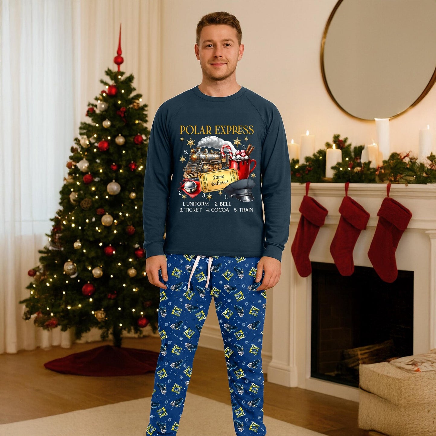 Vintage North Pole Train Pajama Set Personalized Premium Fabric Sleepwear for Family Cozy Holiday Blue Christmas Gift