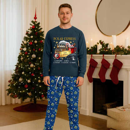 Vintage North Pole Train Pajama Set Personalized Premium Fabric Sleepwear for Family Cozy Holiday Blue Christmas Gift