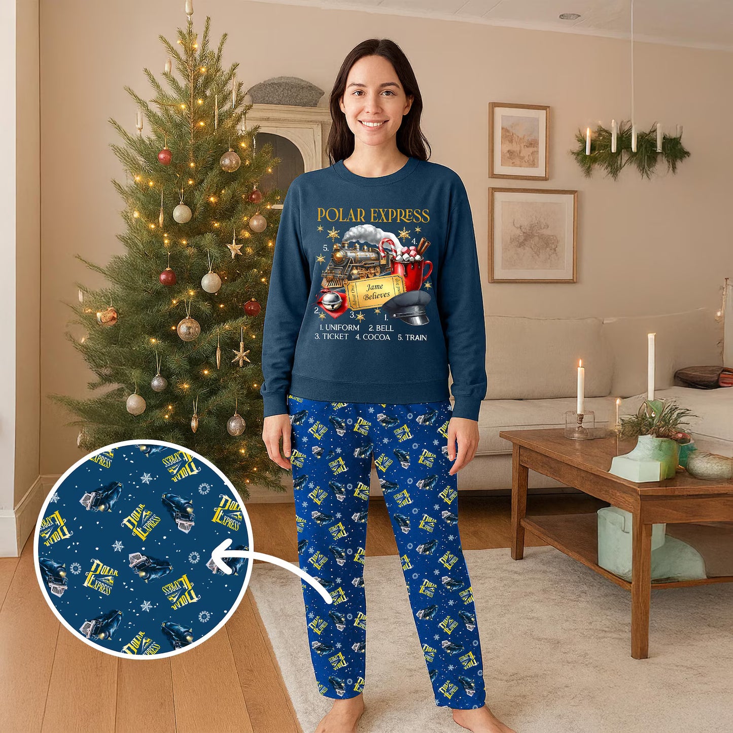 Vintage North Pole Train Pajama Set Personalized Premium Fabric Sleepwear for Family Cozy Holiday Blue Christmas Gift
