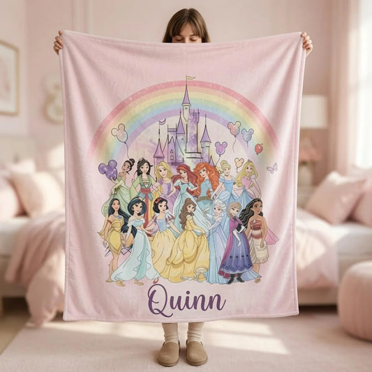 Custom Name Rainbow Castle Princess Ensemble Blanket