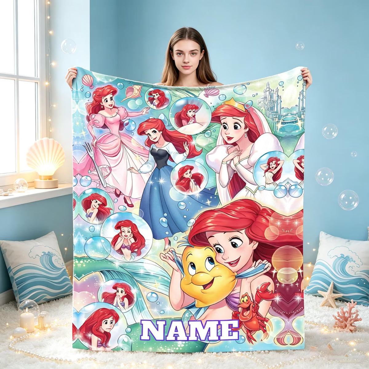 Custom Name Oceanic Bubble Mermaid Princess Blanket