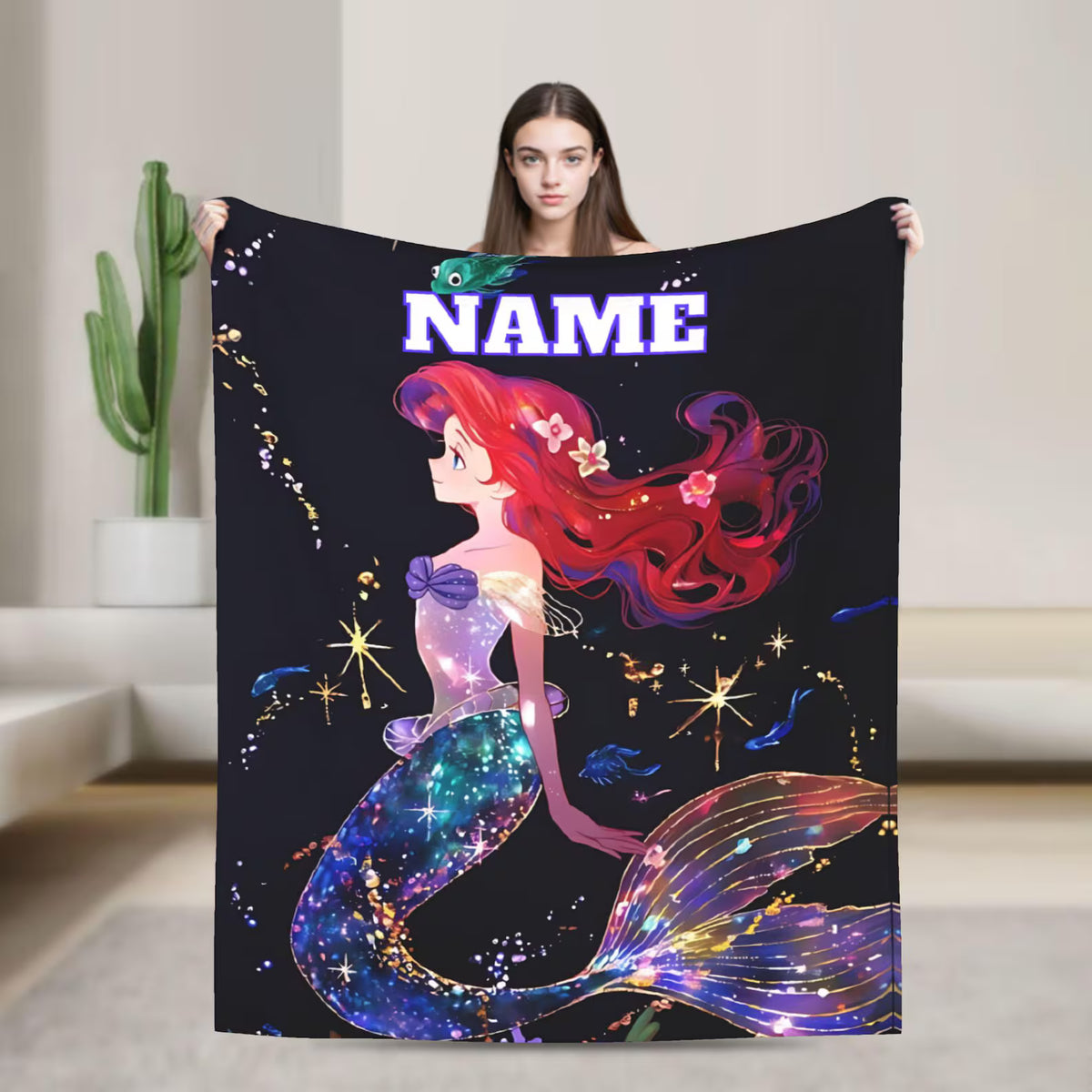 Custom Name Cosmic Mermaid Ocean Princess Blanket