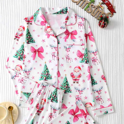 Women’s Satin Pajama Set – Long Sleeve Button-Up Sleepwear with Pocket & Elastic Pants for Spring and Fall