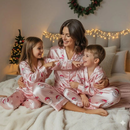 Pink Santa Satin Christmas Pajama Set – Pastel Matching Holiday Sleepwear for Mom and Daughter