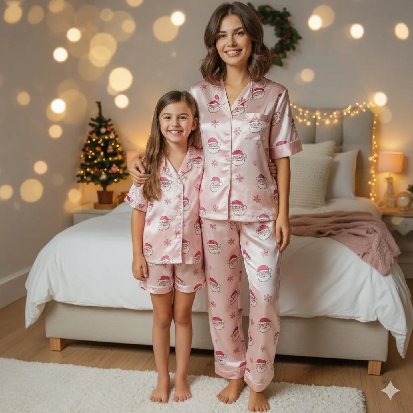 Pink Santa Satin Christmas Pajama Set – Pastel Matching Holiday Sleepwear for Mom and Daughter