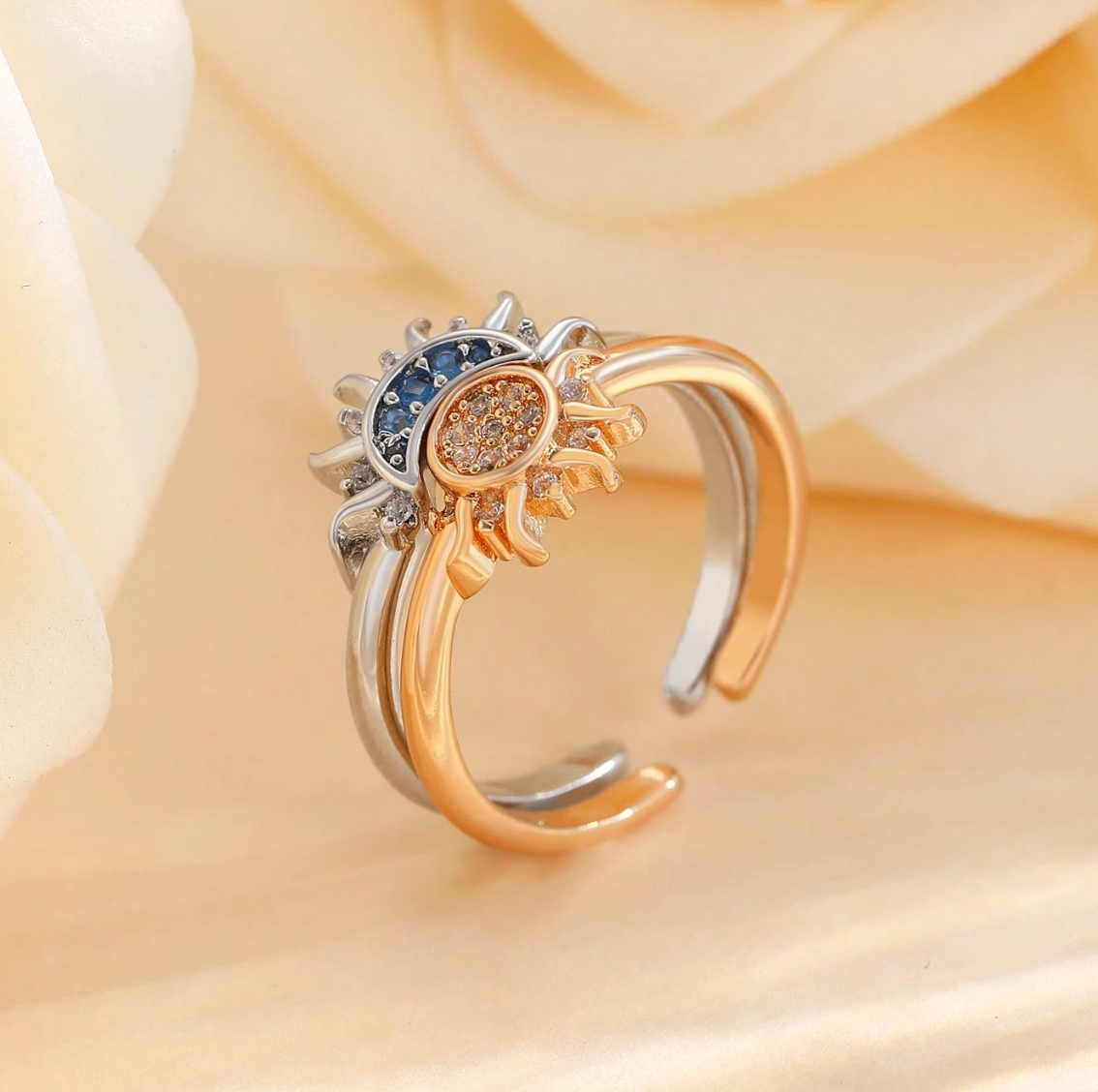 Sun & Moon Couple Rings Set – Adjustable Zirconia Gift for Her or Couples