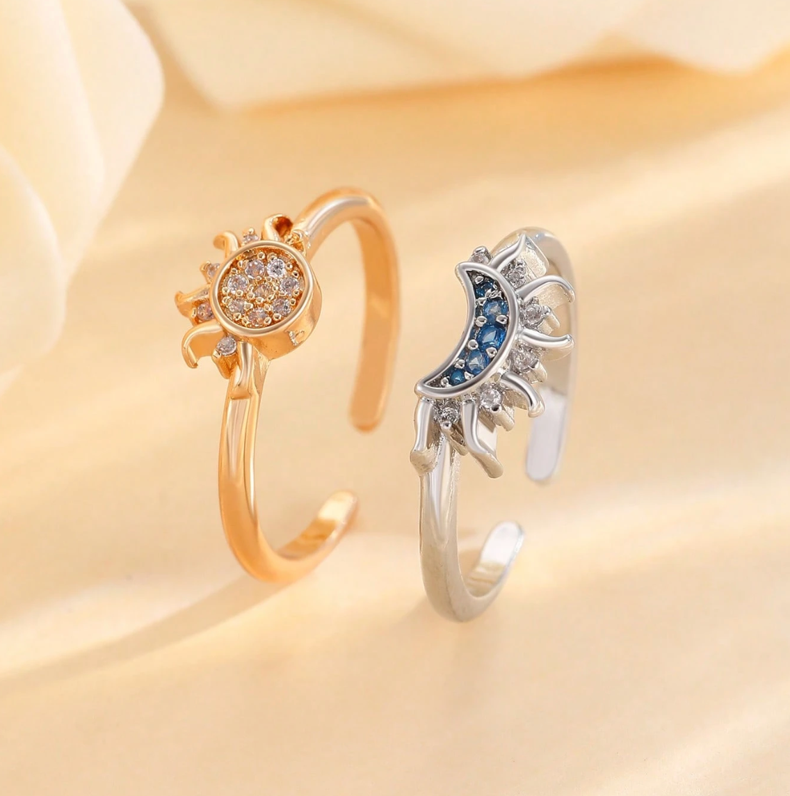 Sun & Moon Couple Rings Set – Adjustable Zirconia Gift for Her or Couples