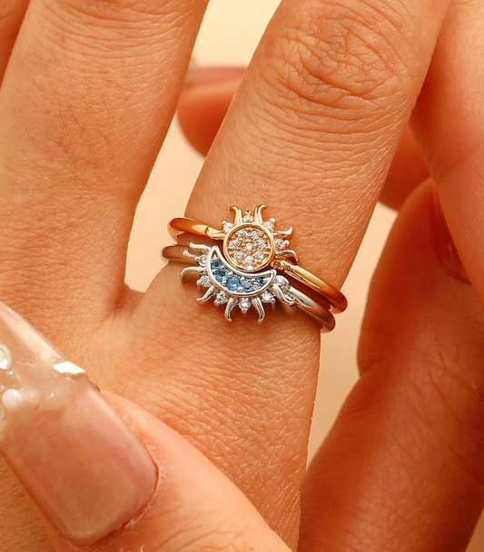 Sun & Moon Couple Rings Set – Adjustable Zirconia Gift for Her or Couples