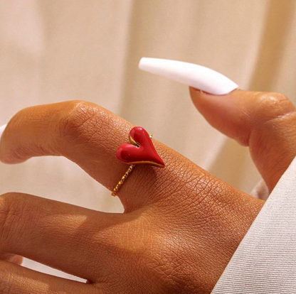 Gold Heart Drop Oil Ring – Adjustable Sweet & Elegant Stainless Steel Ring for Women