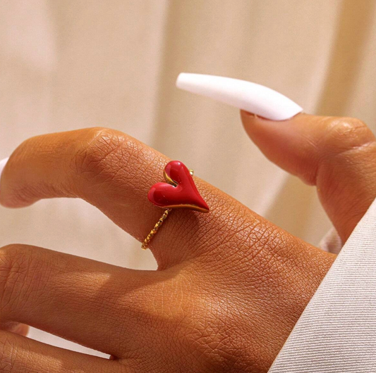 Gold Heart Drop Oil Ring – Adjustable Sweet & Elegant Stainless Steel Ring for Women