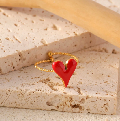 Gold Heart Drop Oil Ring – Adjustable Sweet & Elegant Stainless Steel Ring for Women
