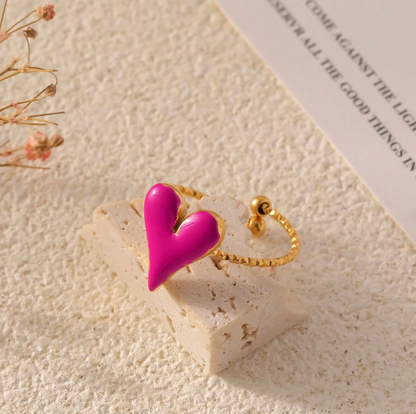 Gold Heart Drop Oil Ring – Adjustable Sweet & Elegant Stainless Steel Ring for Women