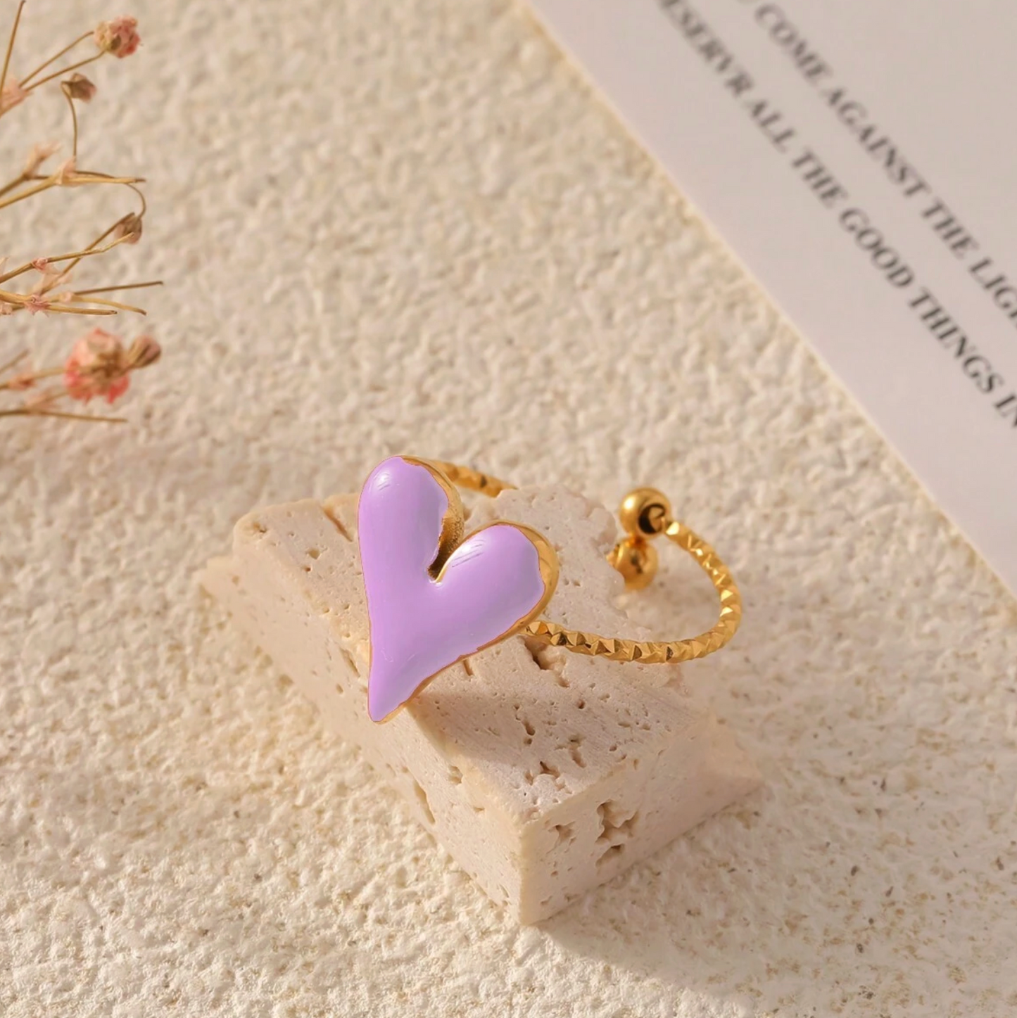 Gold Heart Drop Oil Ring – Adjustable Sweet & Elegant Stainless Steel Ring for Women