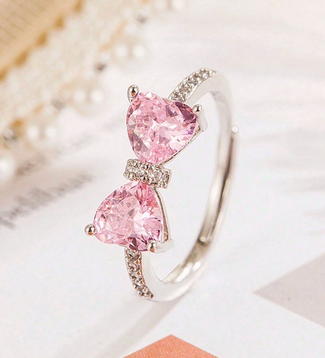 Pink Heart Bow Knot Ring – Adjustable Cute Diamond Accent Ring for Women