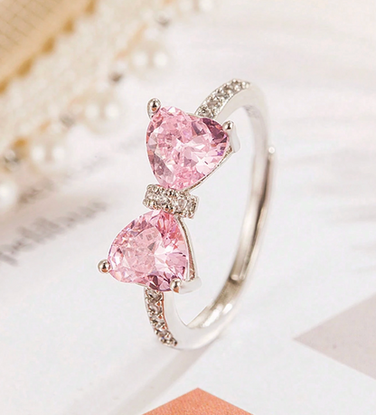 Pink Heart Bow Knot Ring – Adjustable Cute Diamond Accent Ring for Women