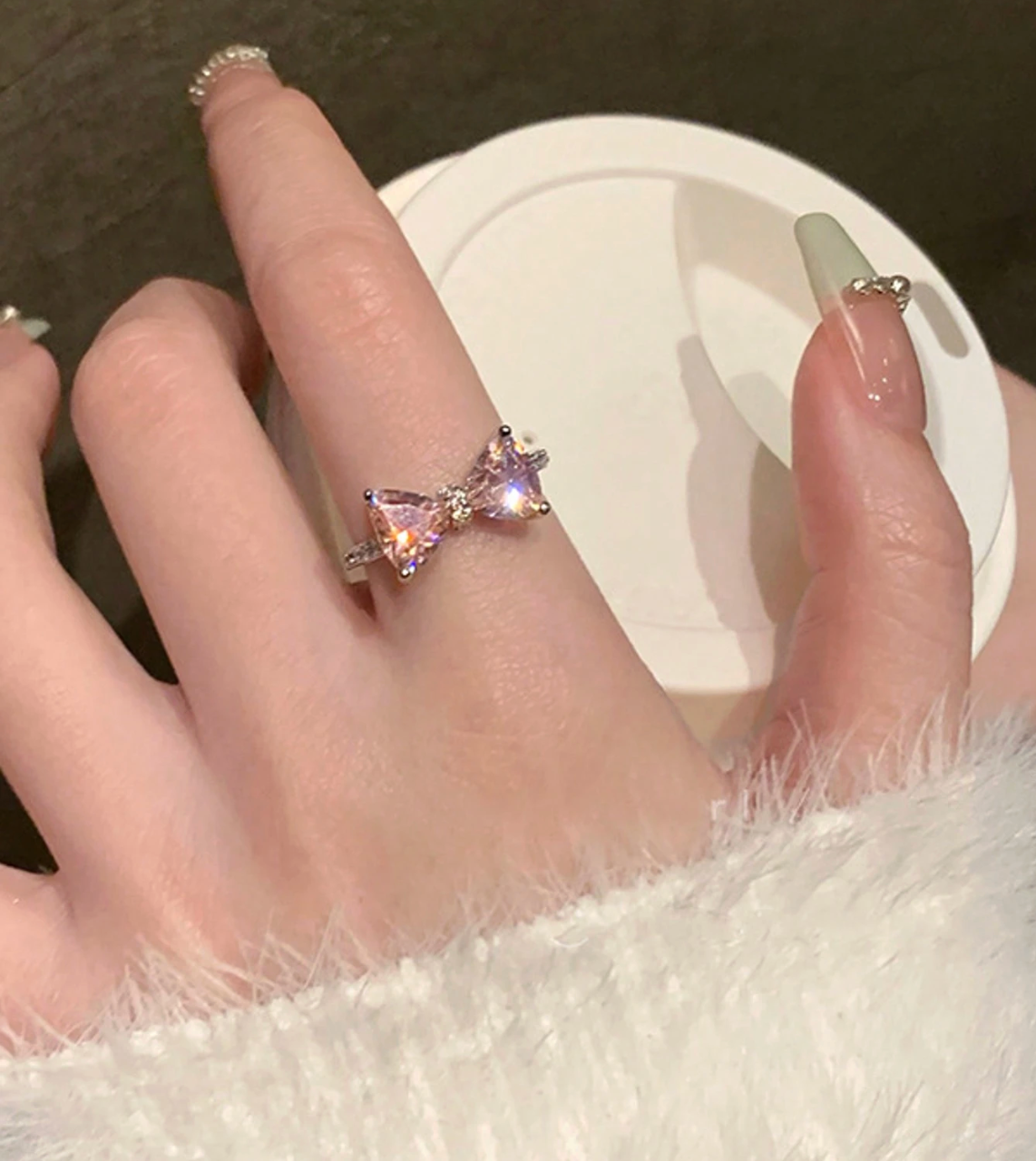 Pink Heart Bow Knot Ring – Adjustable Cute Diamond Accent Ring for Women