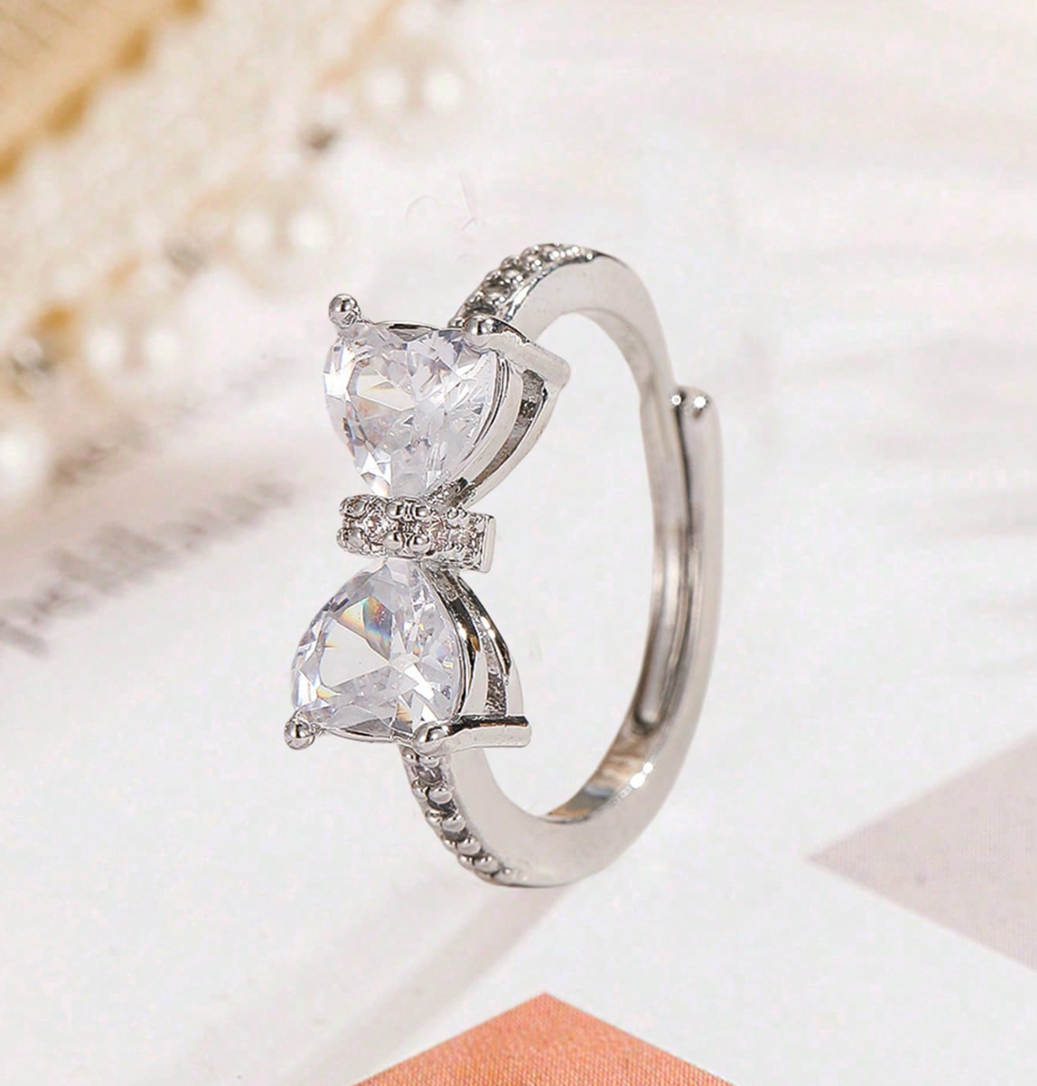 Pink Heart Bow Knot Ring – Adjustable Cute Diamond Accent Ring for Women