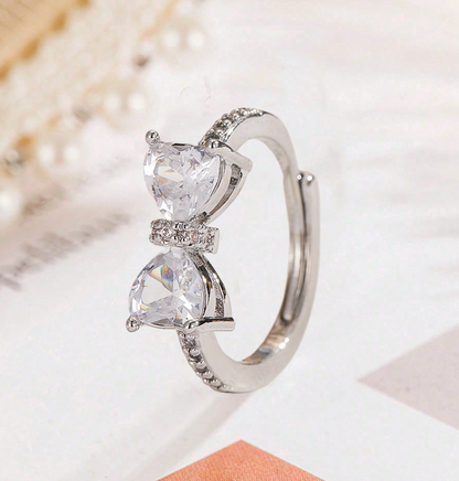 Pink Heart Bow Knot Ring – Adjustable Cute Diamond Accent Ring for Women