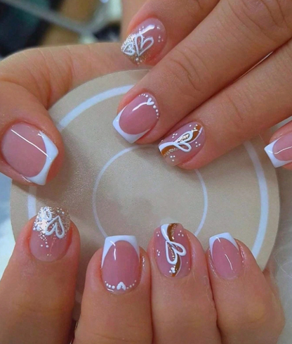 Sweetheart Nude Pink | Gold Line & Heart Accent Nails (24 Pcs Gift Set)