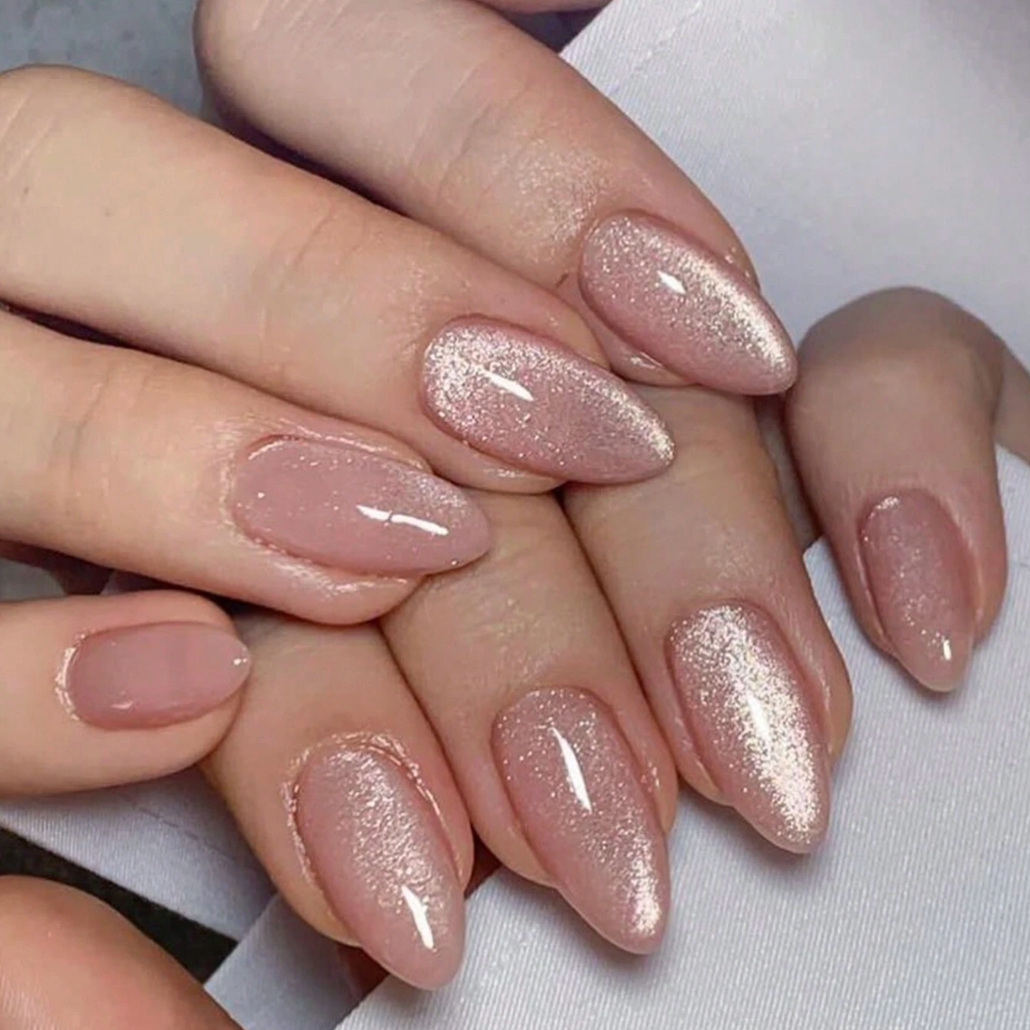 Neutral Short Square Green Cat Eye Press On Nails 24pcs Nail Box