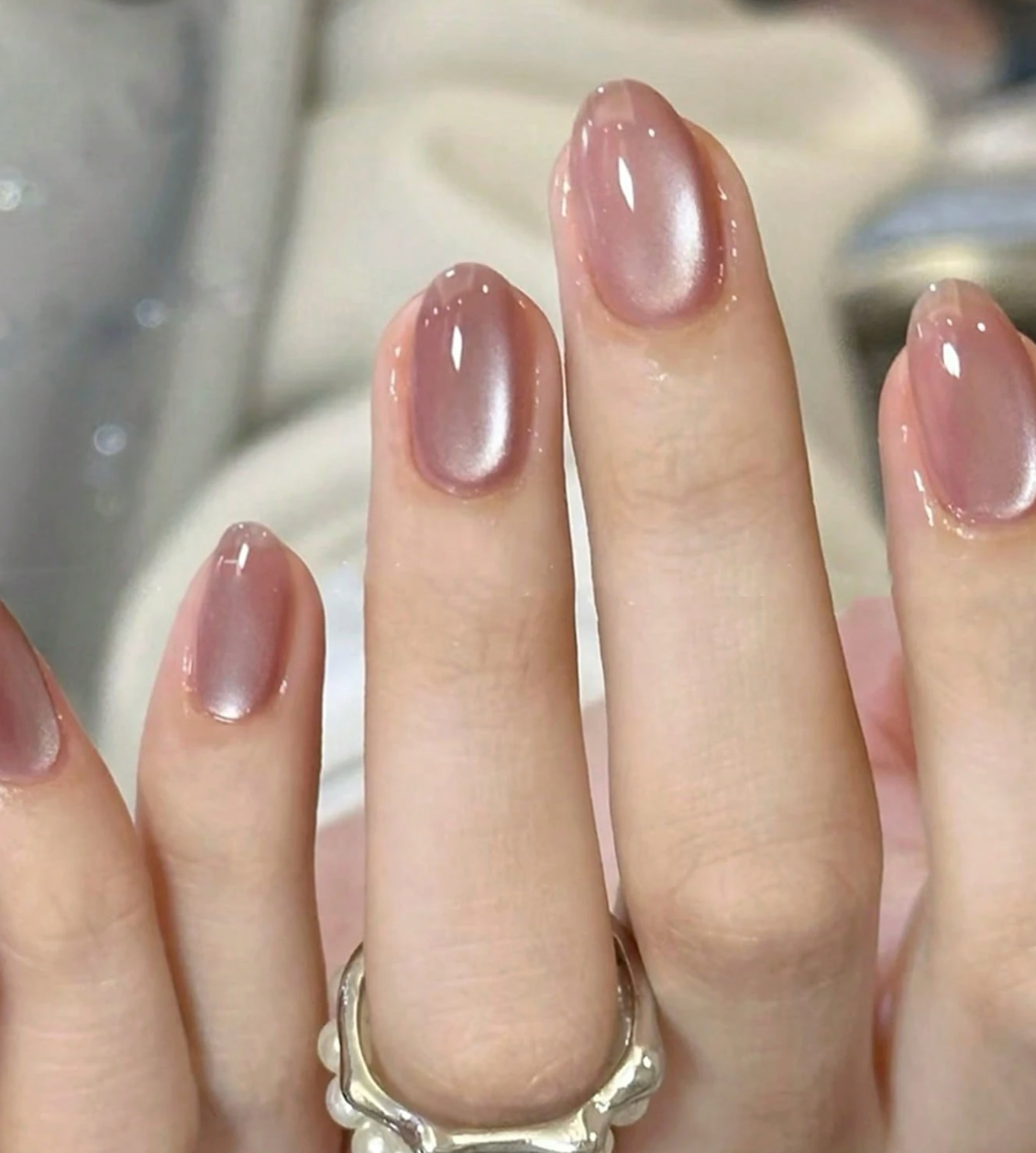 Neutral Short Square Green Cat Eye Press On Nails 24pcs Nail Box