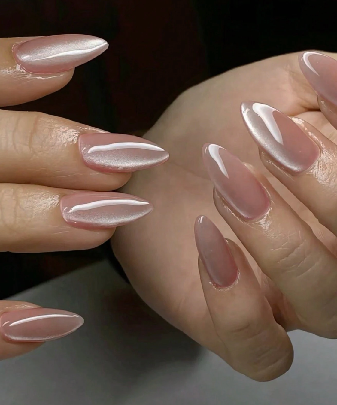 Lotus Root Pink Aurora Cat Eye Almond Press On Nails 24pcs Nail Box