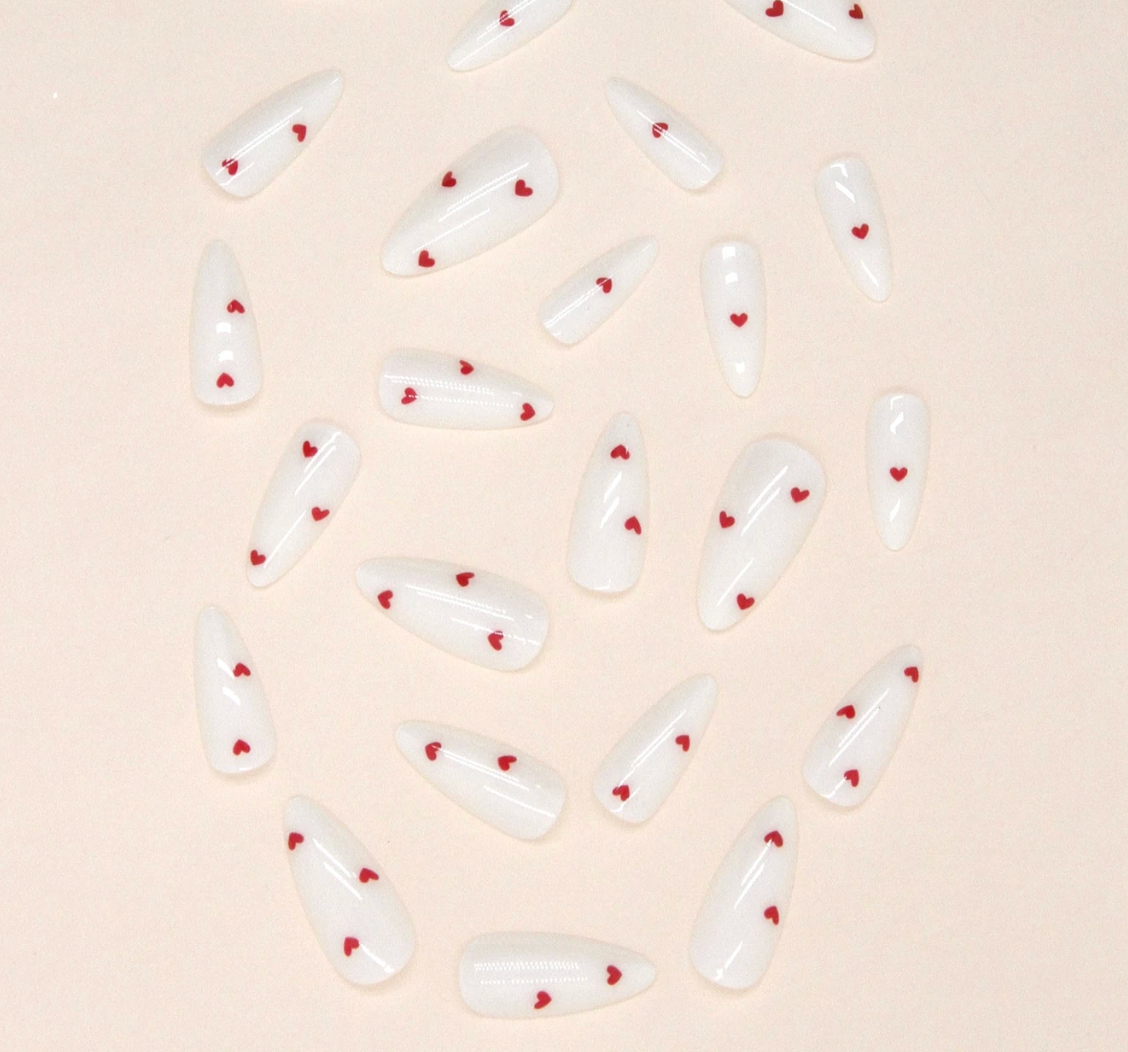 Valentines Long Almond Press On Nails Romantic Minimalist Red Heart 24pcs Nail Box
